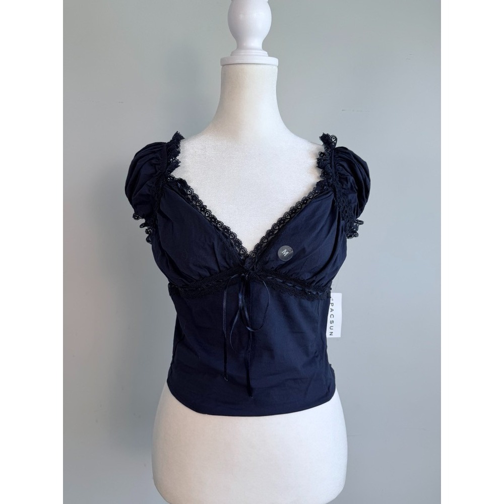 Pacsun Milkmaid Lace Trim Top Medium Navy Coquette Cottagecore Cotton Fairy - Picture 1 of 11